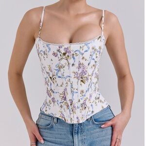 House of CB Floral Print Corset Top - Cream and Blue